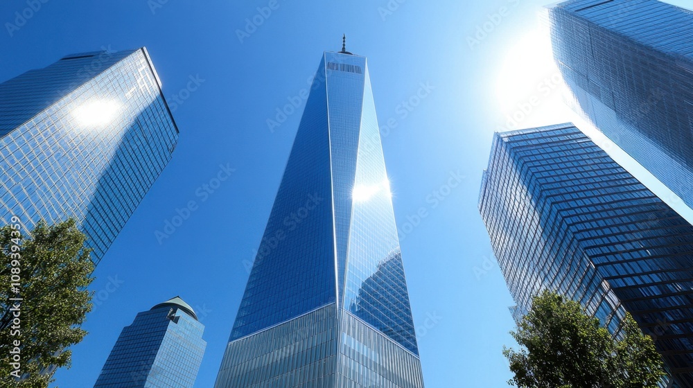 Majestic View of Tall Modern Skyscraper Under Bright Blue Sky Surrounded by Urban Architecture and Glimmering Glass Facades Majestic View of Tall Modern Skyscraper Under Bright Blue Sky Surrounded by Urban Architecture and Glimmering Glass Facades