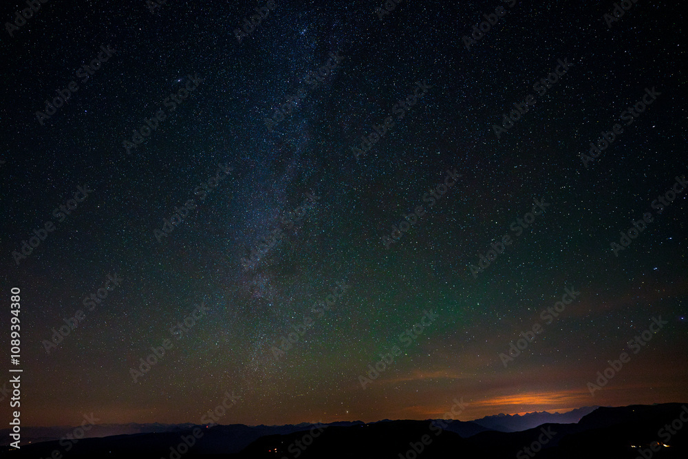 Fototapeta premium Starry sky over Seiser Alm in the Dolomites, Italy.