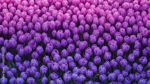 Stunning display of vibrant violet tulips in a spring garden, creating a beautiful gradient effect perfect for panoramic views or banner designs.