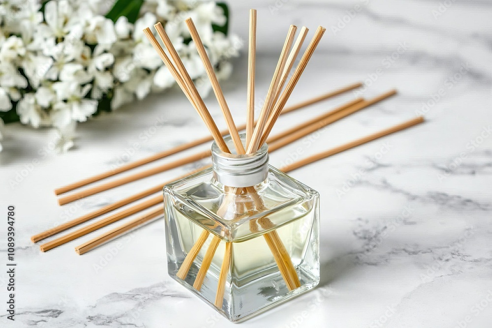 A glass diffuser with reeds, surrounded by decorative flowers, offering a refreshing scent. A glass diffuser with reeds, surrounded by decorative flowers, offering a refreshing scent.