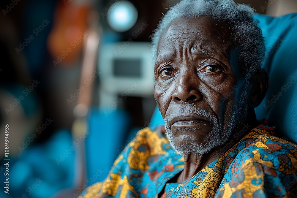 Portrait of a contemplative elderly African man in colorful attire Portrait of a contemplative elderly African man in colorful attire