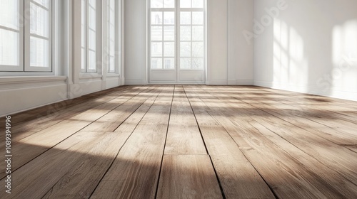 Spacious room interior featuring vintage wooden flooring with natural light streaming through large windows, creating soft shadows on the surface.