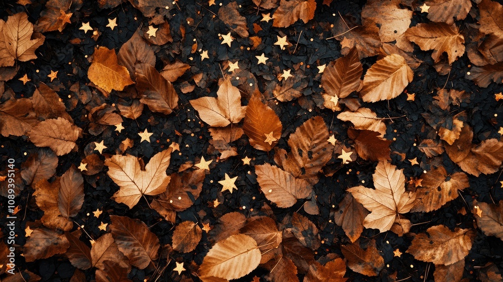 Autumn leaves, golden pumpkins, and scattered confetti stars create a vibrant seasonal background perfect for festive celebrations and seasonal decor.