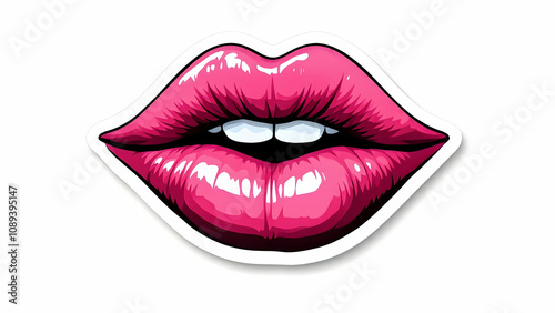 A vibrant illustration of a pair of full, glossy pink lips. The image is presented as a sticker with a white border and shadow, creating a pop art effect. The lips are meticulously detailed, emphasizi