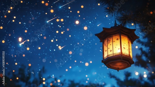 Wallpaper Mural A glowing holiday lantern illuminates a tranquil night sky filled with shooting stars and glimmering lights, creating a magical atmosphere. Torontodigital.ca