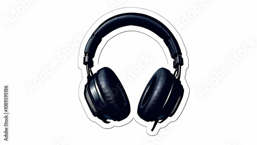 Image shows a pair of sleek, black overear headphones. The headphones are isolated on a white background, with a stickerlike outline. photo