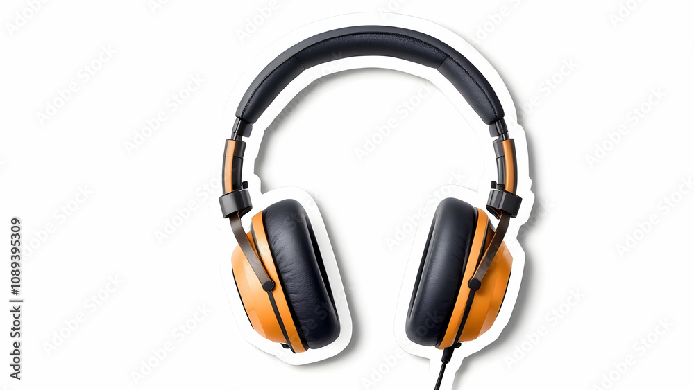 Image shows a pair of stylish overear headphones. They are orange and black, presented on a white background as a sticker. The headphones appear new and unused. Image shows a pair of stylish overear headphones. They are orange and black, presented on a white background as a sticker. The headphones appear new and unused.