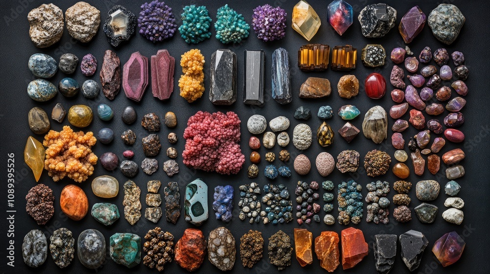 Aerial view of a diverse display of semi-precious gemstones and minerals meticulously arranged on a dark surface, showcasing vibrant colors and varied textures. Aerial view of a diverse display of semi-precious gemstones and minerals meticulously arranged on a dark surface, showcasing vibrant colors and varied textures.
