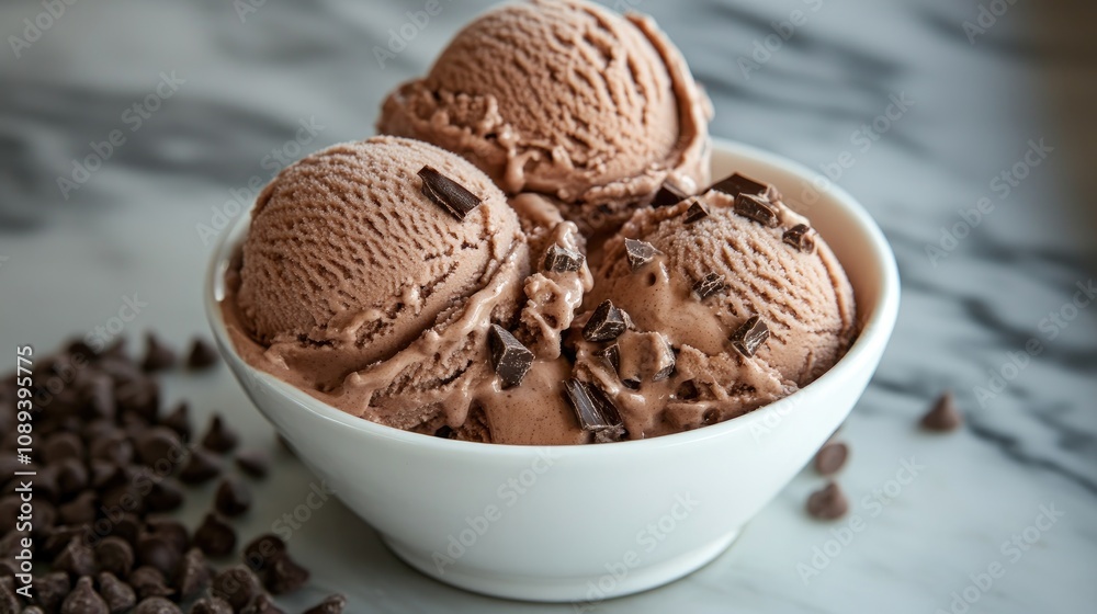 Chocolate brownie ice cream scoops topped with chocolate shavings in a white bowl on a stylish marble table. Chocolate brownie ice cream scoops topped with chocolate shavings in a white bowl on a stylish marble table.