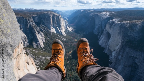 A person's legs in hiking boots dangling over a breathtaking canyon view in a mountainous landscape.