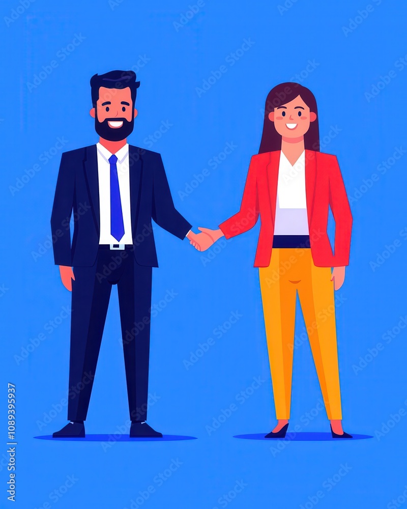 Fototapeta premium A cheerful illustration of a man and woman shaking hands, dressed in business attire against a vibrant blue background.