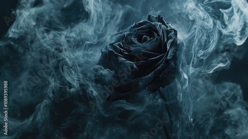 Black rose shrouded in ethereal swirling black smoke creating a dramatic effect against a deep dark background.