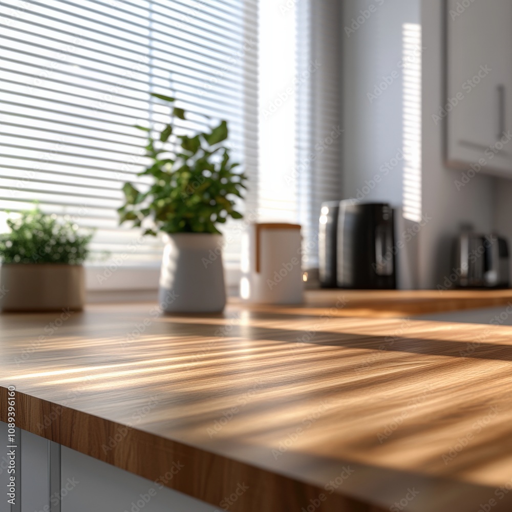 modern kitchen interior with wooden countertop and plants modern kitchen interior with wooden countertop and plants