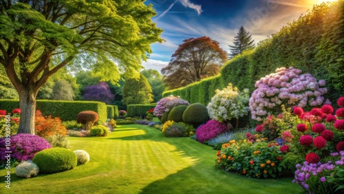 A lush garden with vibrant flowers blooming in the sunlight, surrounded by manicured green hedges and a towering tree casting long shadows