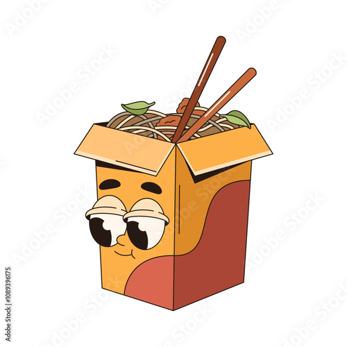 Vector soba noodles soup in bowl. Comic character noodle in card box with sticks. Funny icon of Japanese or Asian food with face. Korean doodle with chopsticks pop art. Cuisine print. Fast meal.