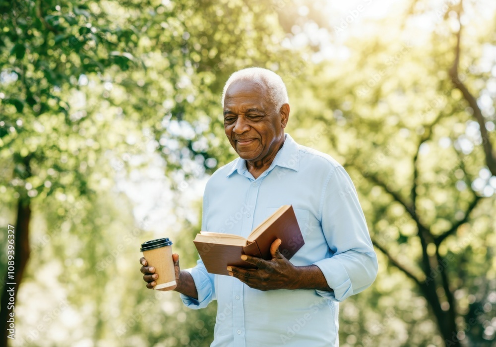 Obraz premium Elderly man relaxing in nature, savoring a book and a takeaway coffee