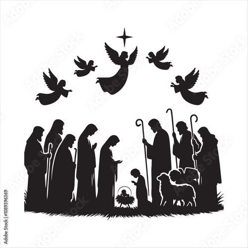 Nativity Scene, baby Jesus, Christmas, Christian vector art illustration
