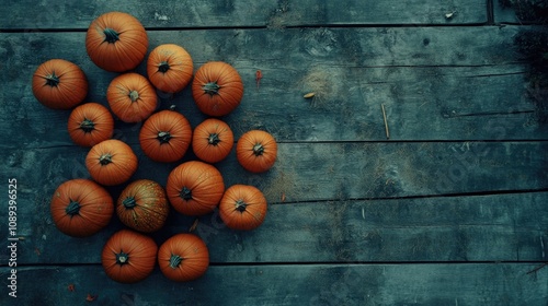 Aerial perspective of vibrant orange pumpkins arranged on a rustic wooden surface, capturing the spirit of autumn harvest for Halloween and Thanksgiving. photo