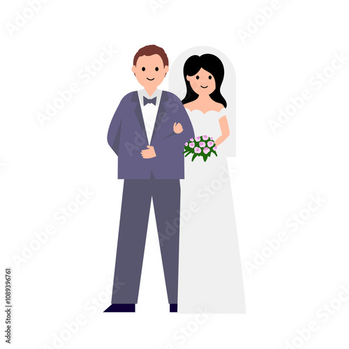 Newlyweds, groom and bride. Vector simple color flat illustration.