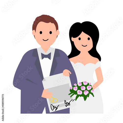 Newlyweds with a marriage certificate, a document and a bouquet in their hands. Vector simple color flat illustration.
