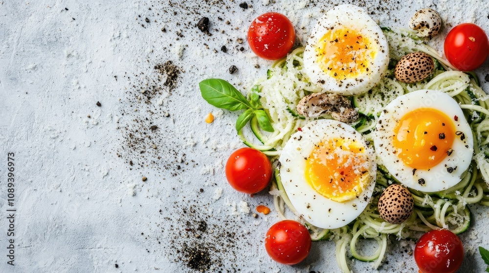 Zucchini noodles garnished with quail eggs, cherry tomatoes, and parmesan on a light grey background, showcasing a low-carb keto paleo meal. Zucchini noodles garnished with quail eggs, cherry tomatoes, and parmesan on a light grey background, showcasing a low-carb keto paleo meal.