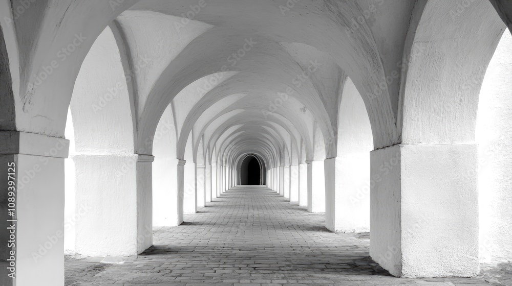 Fototapeta premium Arched corridor featuring a series of elegant white columns leading into a darkened passageway, showcased in a monochrome aesthetic.