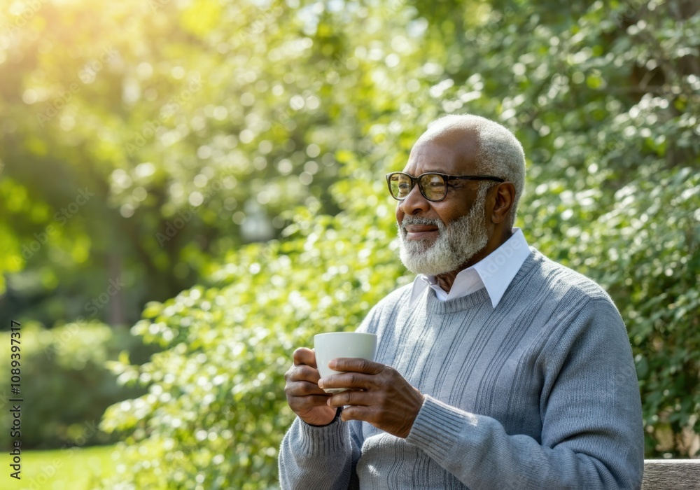 Elderly african american pensioner holding cup of hot beverage enjoying free time in nature Elderly african american pensioner holding cup of hot beverage enjoying free time in nature