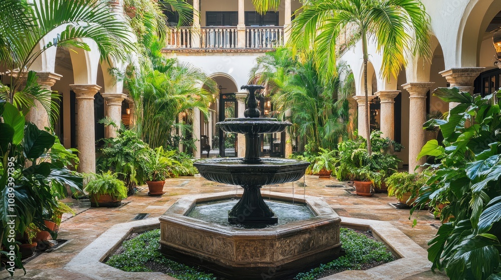 Calm courtyard featuring a serene fountain surrounded by lush greenery and elegant archways, creating a tranquil and aesthetically pleasing atmosphere. Calm courtyard featuring a serene fountain surrounded by lush greenery and elegant archways, creating a tranquil and aesthetically pleasing atmosphere.