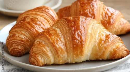 Close-up of golden, flaky croissants on a plate, showcasing their buttery layers, with a blurred coffee cup elegantly positioned in the background.