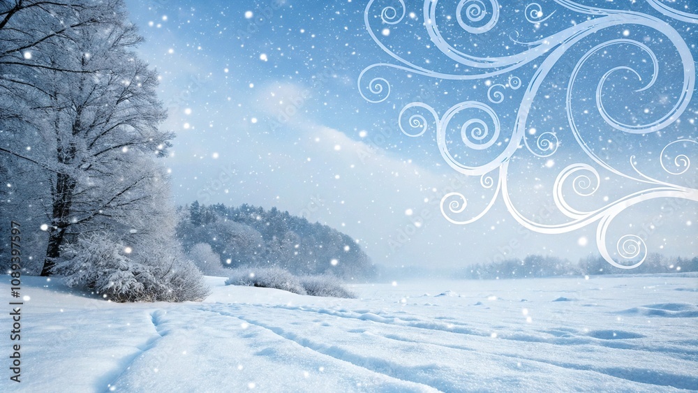 Fototapeta premium Heavy snowfall scene with swirling white and blue patterns, frozen world, blizzard theme, cold climate, frosty landscape