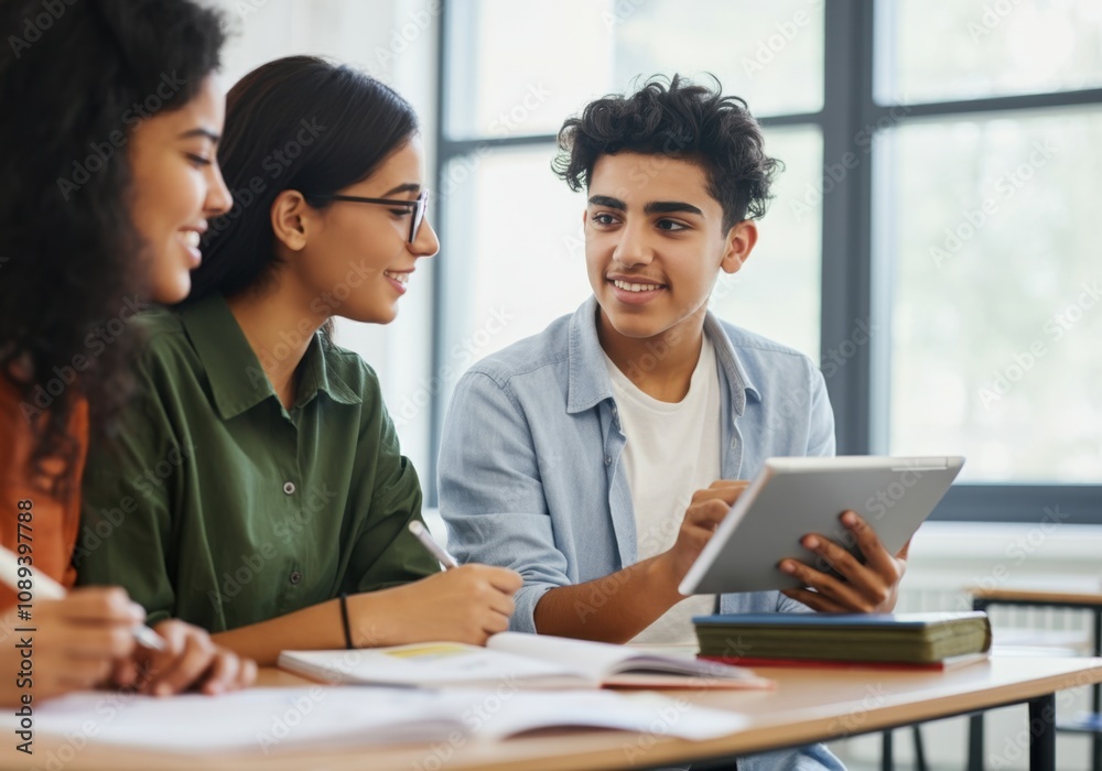 Happy high school students collaborating on a project, using a digital tablet and taking notes Happy high school students collaborating on a project, using a digital tablet and taking notes