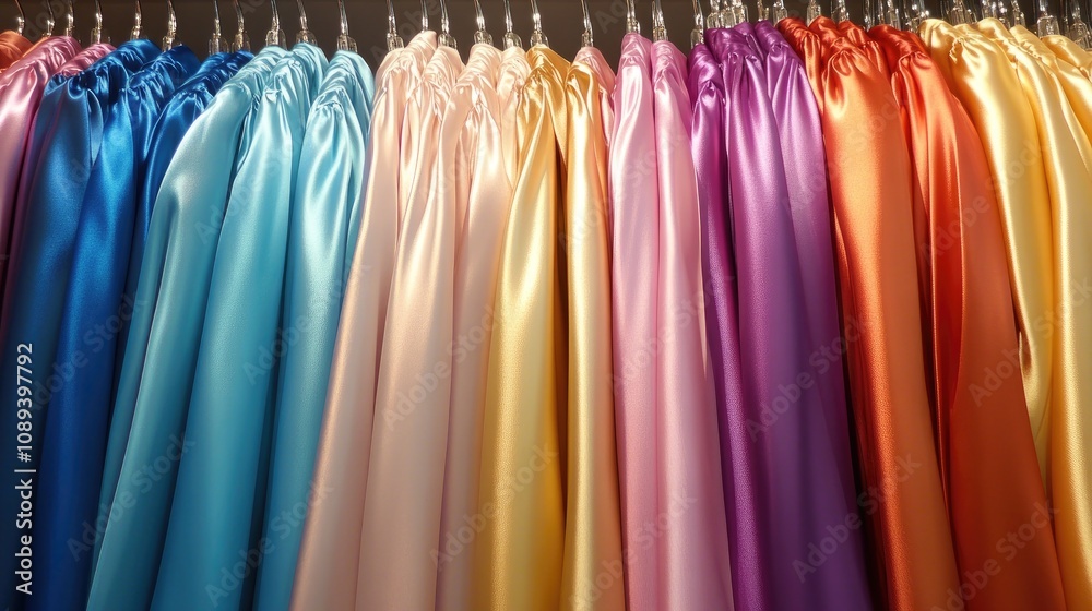 Vibrant display of satin shirts in an array of pastel and bold colors neatly hung on hangers, showcasing a chic retail clothing collection. Vibrant display of satin shirts in an array of pastel and bold colors neatly hung on hangers, showcasing a chic retail clothing collection.