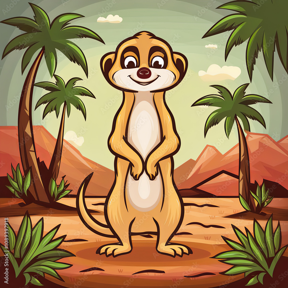 Fototapeta premium a page for a coloring book of a cute cartoon line art style meerkat standing guard in the African desert. NO color in the picture. bold outlines