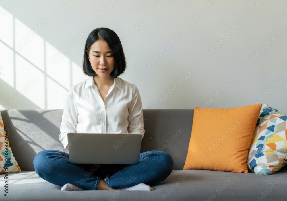 Comfortable young woman using laptop while sitting on sofa in bright living room, working remotely from home Comfortable young woman using laptop while sitting on sofa in bright living room, working remotely from home