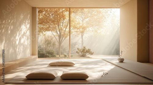 Fototapeta Naklejka Na Ścianę i Meble -  Serene meditation space with minimalistic decor, soft lighting, and tranquil views, offering a peaceful ambiance for relaxation and mindfulness.