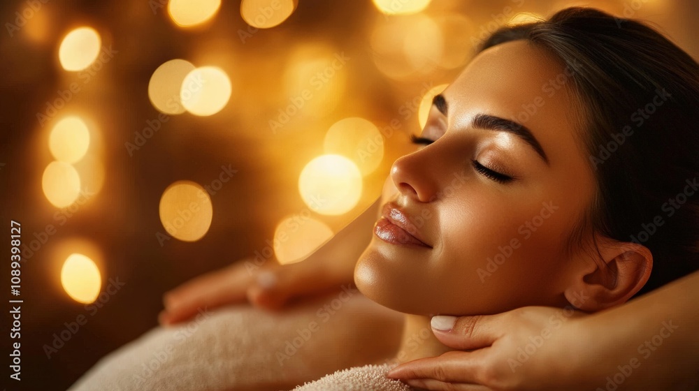 Fototapeta premium Woman enjoying relaxing massage amidst soft glowing lights, eyes closed, peaceful ambiance.