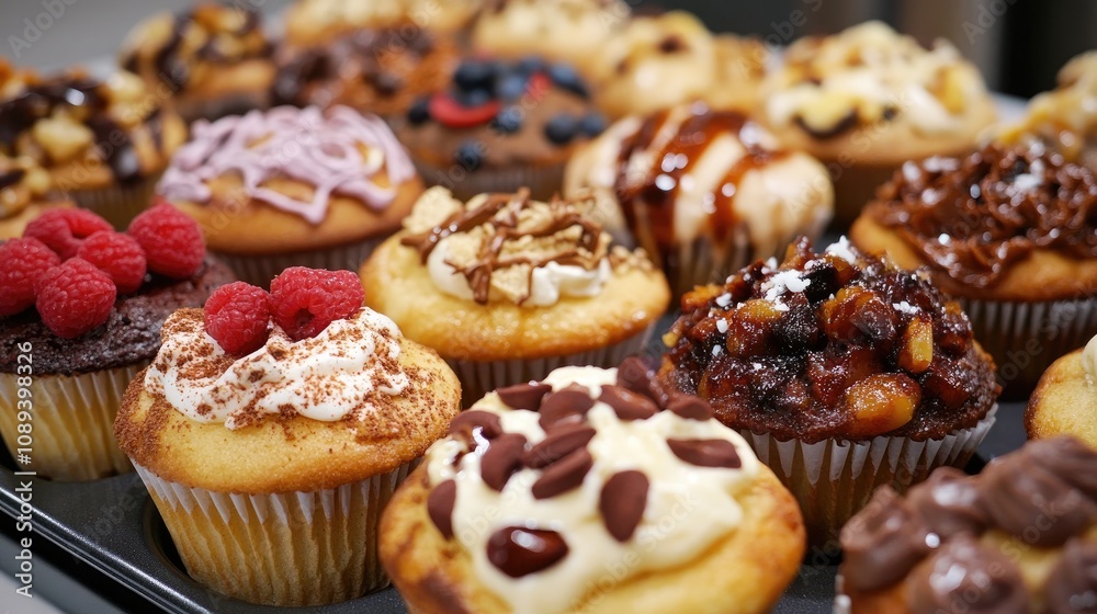 Colorful array of muffins featuring diverse toppings like berries, chocolate, nuts, and frosting for a tempting dessert display Colorful array of muffins featuring diverse toppings like berries, chocolate, nuts, and frosting for a tempting dessert display