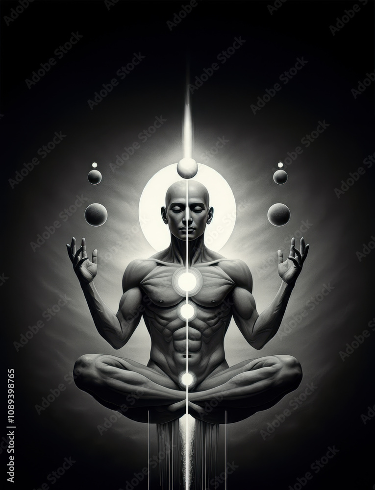Zen man with a chacra practicing yoga, central figure serene posture and divided form balance, and enlightenment Zen man with a chacra practicing yoga, central figure serene posture and divided form balance, and enlightenment