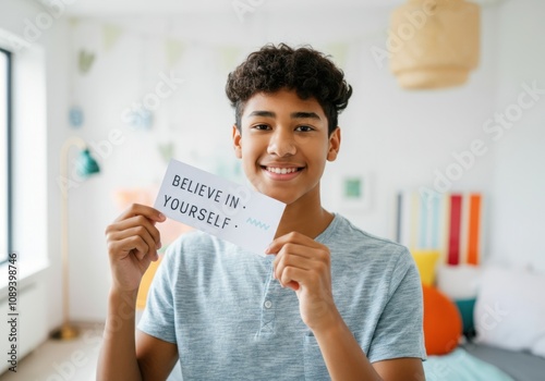 Smiling teenager is holding a sign with the empowering message believe in yourself, promoting self-confidence, positive thinking, and personal growth photo