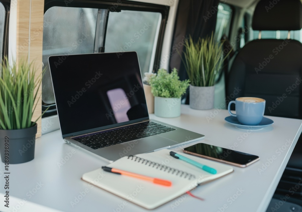 Laptop, notepad, smartphone and coffee cup arranged on a table inside a camper van, suggesting a freelancer working remotely Laptop, notepad, smartphone and coffee cup arranged on a table inside a camper van, suggesting a freelancer working remotely