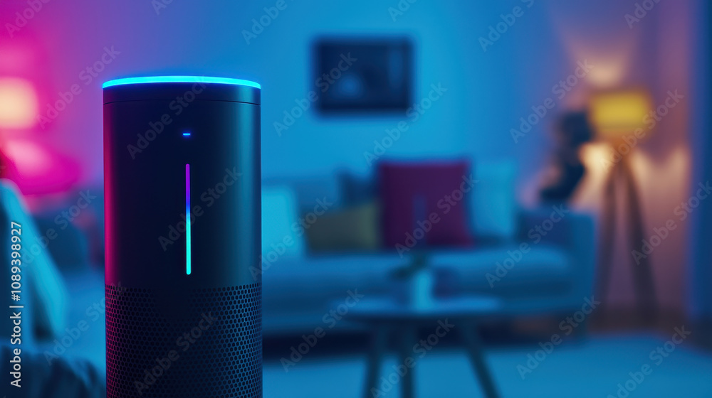 Smart speaker with colorful lights in cozy living room setting, showcasing modern technology and ambiance. vibrant colors create warm atmosphere, perfect for relaxation