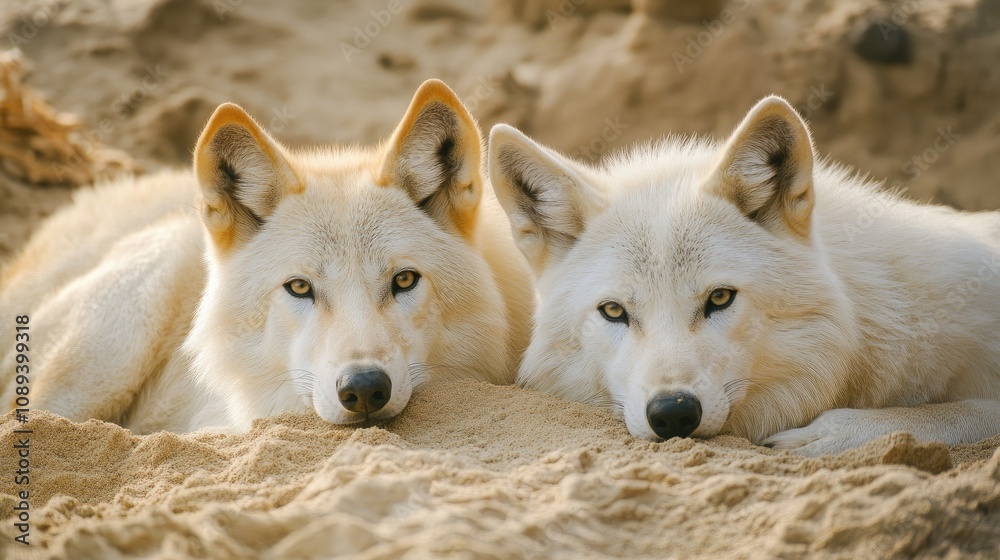 Obraz premium Two Arabian Wolves Relaxing on Sandy Ground with Intense Gaze and Distinctive White Fur