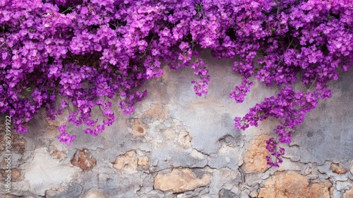 Vibrant purple flowers cascading gracefully over an aged, textured stone wall, creating a striking contrast between nature and architecture.