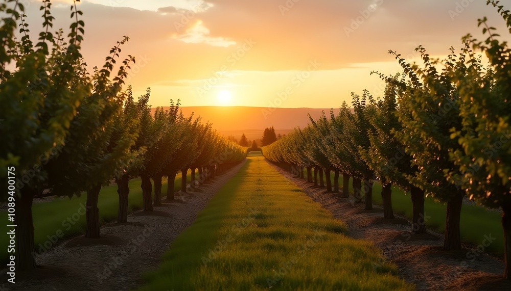 Obraz premium Campo verde amplio bajo un cielo iluminado por un atardecer cálido y sereno, destacando la belleza natural