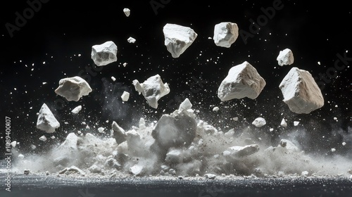 A dynamic scene of white rocks and stones falling against a black background, creating an isolated splash of dust and broken fragments, suitable for themes of nature and fantasy photo