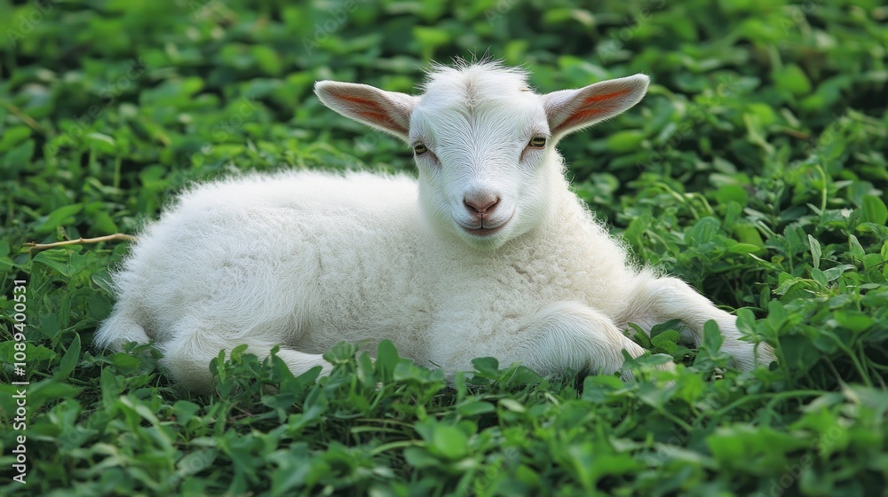 Cute young goat lounging peacefully in a vibrant green meadow filled with clover, showcasing its fluffy white coat and playful expression. Cute young goat lounging peacefully in a vibrant green meadow filled with clover, showcasing its fluffy white coat and playful expression.