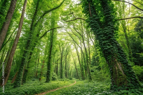 Leafy forest landscape with tall trees and vines on a bright green background, flora, ecofriendly, greenery, foliage