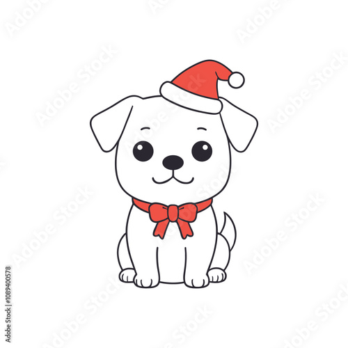 A cute puppy sitting happily wearing a red Christmas Santa hat vector art .svg
