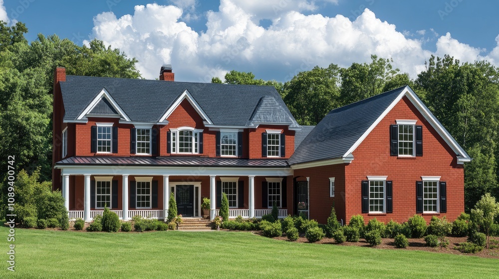 Charming red house with white trim, dark roof, and spacious layout, set in a lush green landscape under a bright blue sky. Charming red house with white trim, dark roof, and spacious layout, set in a lush green landscape under a bright blue sky.