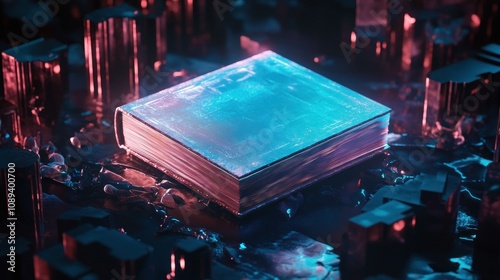 Futuristic book glowing in cybernetic digital space photo